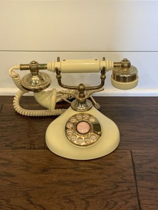 Vintage Ivory/bone Color And Brass Desk Rotary Phone With Cradle & Cord