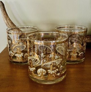 Mid - Century Culver Mushroom Gold Old Fashion On The Rocks Drinking Glass Set (3)