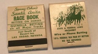 2 Vintage Sammy Cohen’s Rare Santa Anita Race Book Matches Las Vegas,  Nevada