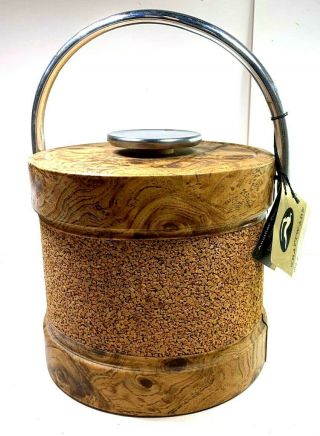 Kraftware Ice Bucket Chrome Handles Faux Wood And Cork W/ Tag