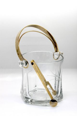 Glass Ice Bucket W/gold Handle And Tongs