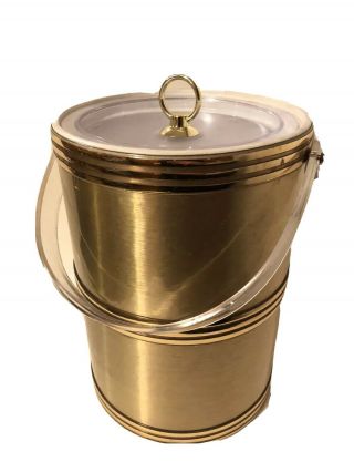 Vintage George Briard Gold Tall Ice Bucket Lucite Handle Mid Century Bar