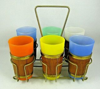 6 Siesta Ware Frosted Glasses With Wood Wrap And Carrier Ice Tea Drinks