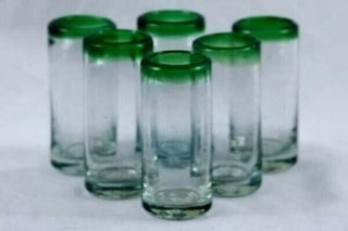 Mexican Hand Blown Green Rim Tequila Shot Set 6 Glass Glasses Artisan