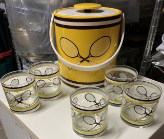 Vintage Culver Ltd Yellow Ice Bucket And 5 Glasses Tennis Theme Racquets