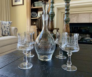Toscany Clipper Ship Etched Nautical Wine Set Decanter With 5 Wine Glasses
