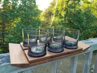 Vtg/mid - Century Mod Walnut Tray/coasters,  6 Smoked Gray Bar/rocks Glasses Set
