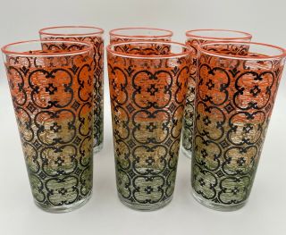 Set Of 6 Glass Tumbler High Ball Glasses – Orange And Green Mod Mcm Barware