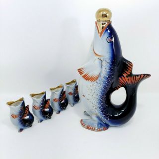 Vintage Polonsky Porcelain Cobalt Blue Decanter & Glasses Fish With Kids