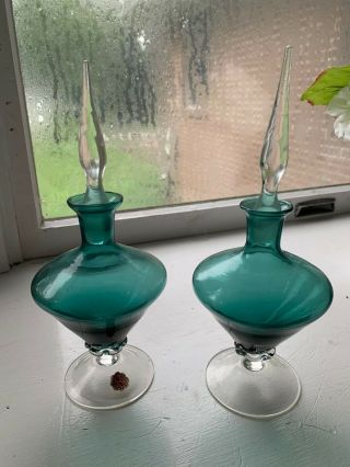 Set Of 2 Vintage Blue Glass Decanters Made In Italy 9.  5”