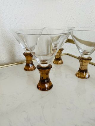 Vintage Mcm Amber Cocktail Martini Glass Set Of 4 Barware