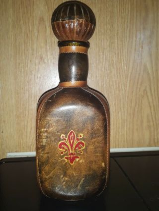 Vintage Leather Wrapped Liquor Bottle Decanter Made In Italy Fleur De Lis