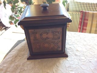Vintage Plaftzgraff Square Wooden Ice Bucket With Lining And Metal Front Plate