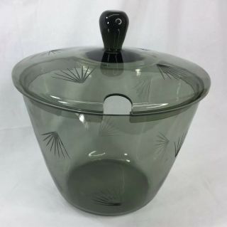 Vintage Olive Green Glass Ice Bucket Lidded Wheel Cut With Fan Motifs Mcm