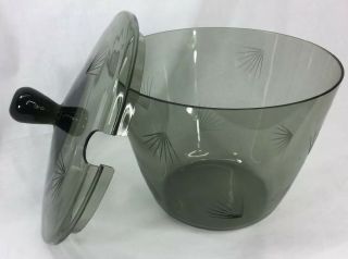 Vintage Olive Green Glass Ice Bucket Lidded Wheel Cut With Fan Motifs MCM 3