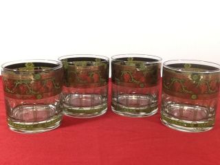 Vintage Mid Century Cora Green Golden Grapes Glasses 4 Rocks Old Fashioned