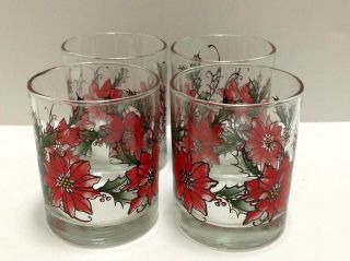 Vintage 1970s Drink Rocks Glasses Short Tumblers Set Of 4 Christmas Poinsettia