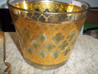 CULVER VALENCIA GOLD GILT w GREEN DIAMONDS GLASS ICE BUCKET wGOLD TONGS 5 