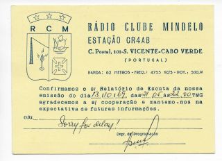 Qsl Radio Clube Mindelo Cr4ab Cape Verde Africa 1969 On 4755 Kcs Stamp Dx Swl