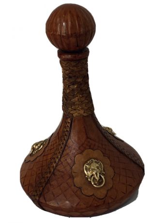 Vtg Leather Wrapped Decanter Wine Spirits Bottle Gold Lions Head Made In Italy