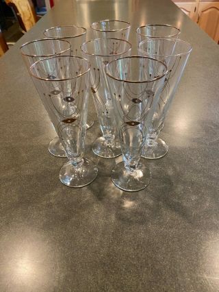 Set Of 8 Vintage Beer Flutes Glasses With Gold Plate Design