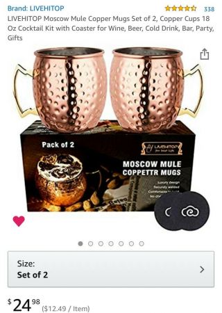 Livehitop Moscow Mule Copper Mugs Set Of 2,  Cups 18 Oz Cocktail Kit With Coaster