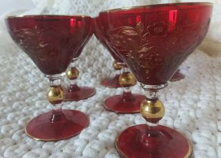 Set Of Six Vintage Ruby Red Gold Gilt Sherry/port Glasses