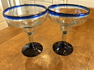 Set 2 Vintage Mexican Hand Blown Cobalt Blue Rim Margarita Glasses 6 " Tall
