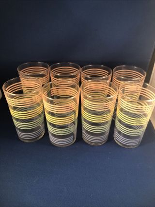 Set Of 8 Vintage Tumblers / Glasses With Pastel Striped Bands 4 3/4 " Tall