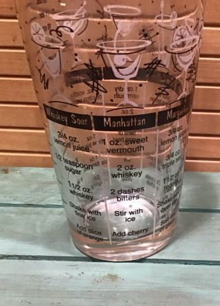 Vintage Mid Century Libbey Cocktail Mixing Glass with Drink Recipes - Black 3