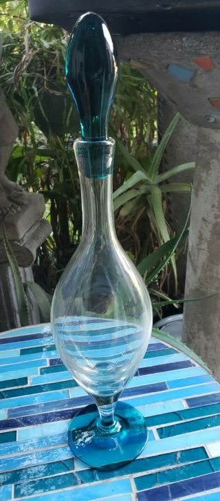 Clear Mid Century Glass Decanter Bottle With Blue Stopper And Base