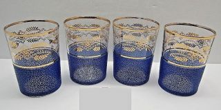 Vintage Mid Century Blue Speckle Gold Trim Overlay Small Juice Drinking Glasses