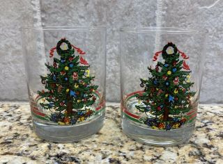 Vtg Georges Briard Yule Tide Christmas Tree Old Fashioned Rocks Glasses Pair 2