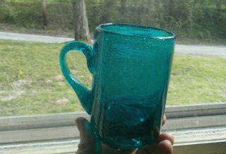 Pontiled Deep Teal Blue Hand Blown Glass Mug Crude Applied Handle