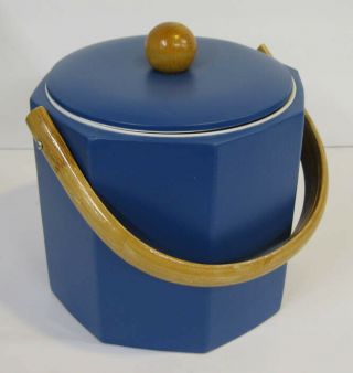 Vintage Georges Briard Octagonal Blue Vinyl Ice Bucket Bamboo Handle Barware