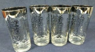 Vintage Mid Century Kimiko Drinking Glasses Tumblers Silver Coat Of Arms Set 4