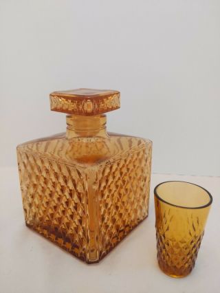 Vtg Amber Pressed Glass Diamond Cut Square Whiskey Brandy Decanter Shot Glass