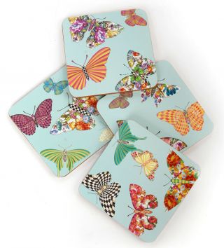 Mackenzie - Childs Set Of 4 Butterfly Garden Sky Coasters - Cork Back - Heat Resistant