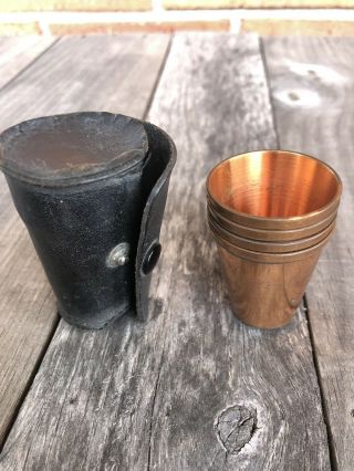 Vintage Solid Copper Wb Mini Shot Glass Cups With Leather Cover