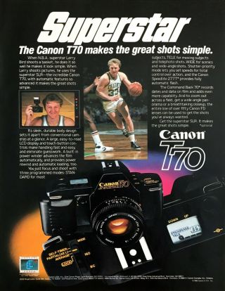 1985 Nba Superstar Larry Bird Photo Canon T70 Slr Camera Vintage Promo Print Ad