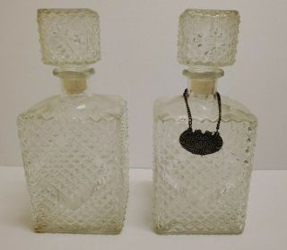 Set Of 2 Vintage Square Diamond Cut Glass Liquor Decanters With Bourbon Label