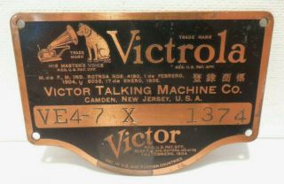 Antique - Victrola - Victor Talking Machine Co.  - Metal Nameplate