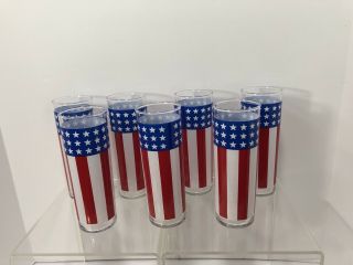 Vintage High Ball Tom Collins Glasses Red White Blue Patriotic Stars And Stripes