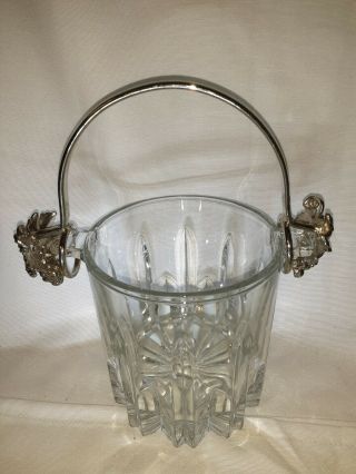 Vintage Godinger Crystal Glass Ice Bucket With Grape Leaf Silver Plate Handles
