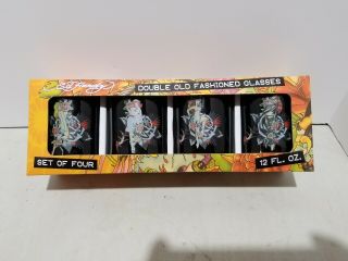 Set Of 4 Ed Hardy Black Glass Double Old Fashioned Glasses,  Brand