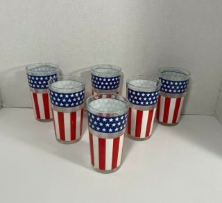 6 Vtg Libbey Drinking Glasses Stars And Stripes Red White Blue American 1970 