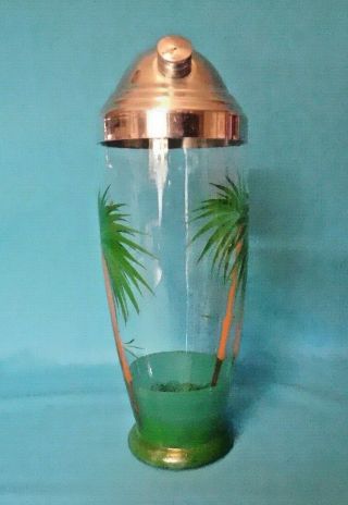 Vintage Mid Century Glass Cocktail Drink Mixer Shaker With Palm Trees Metal Top