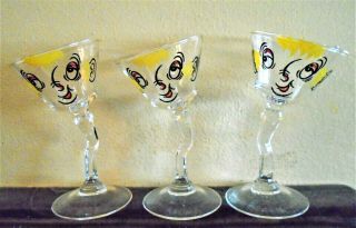 3 Vintage Tipsy Bent Stem Hand Painted Faces Gay Fad Martini Cocktail Glasses