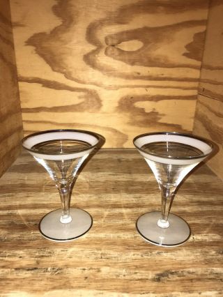 2 Mcm Frosted & Silver Rim Martini Glasses 4 3/5” Tall 3 1/4” Diameter