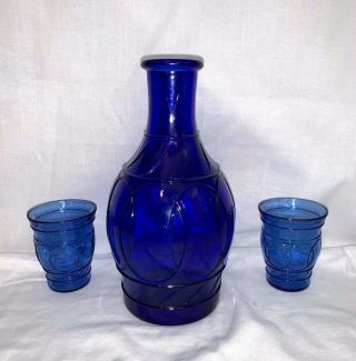 Vintage Cobalt Blue Decanter And Matching Shot Glasses Set